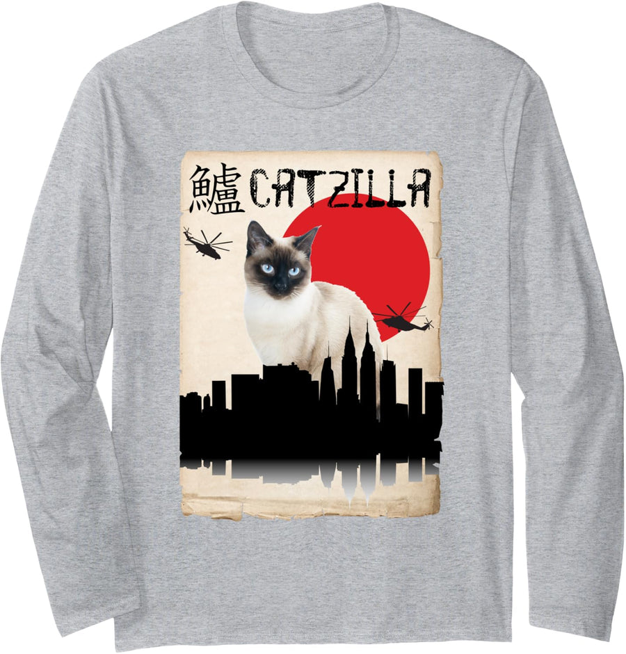 Siamese Catzilla Long Sleeve T-Shirt - Adult Unisex Heather Grey