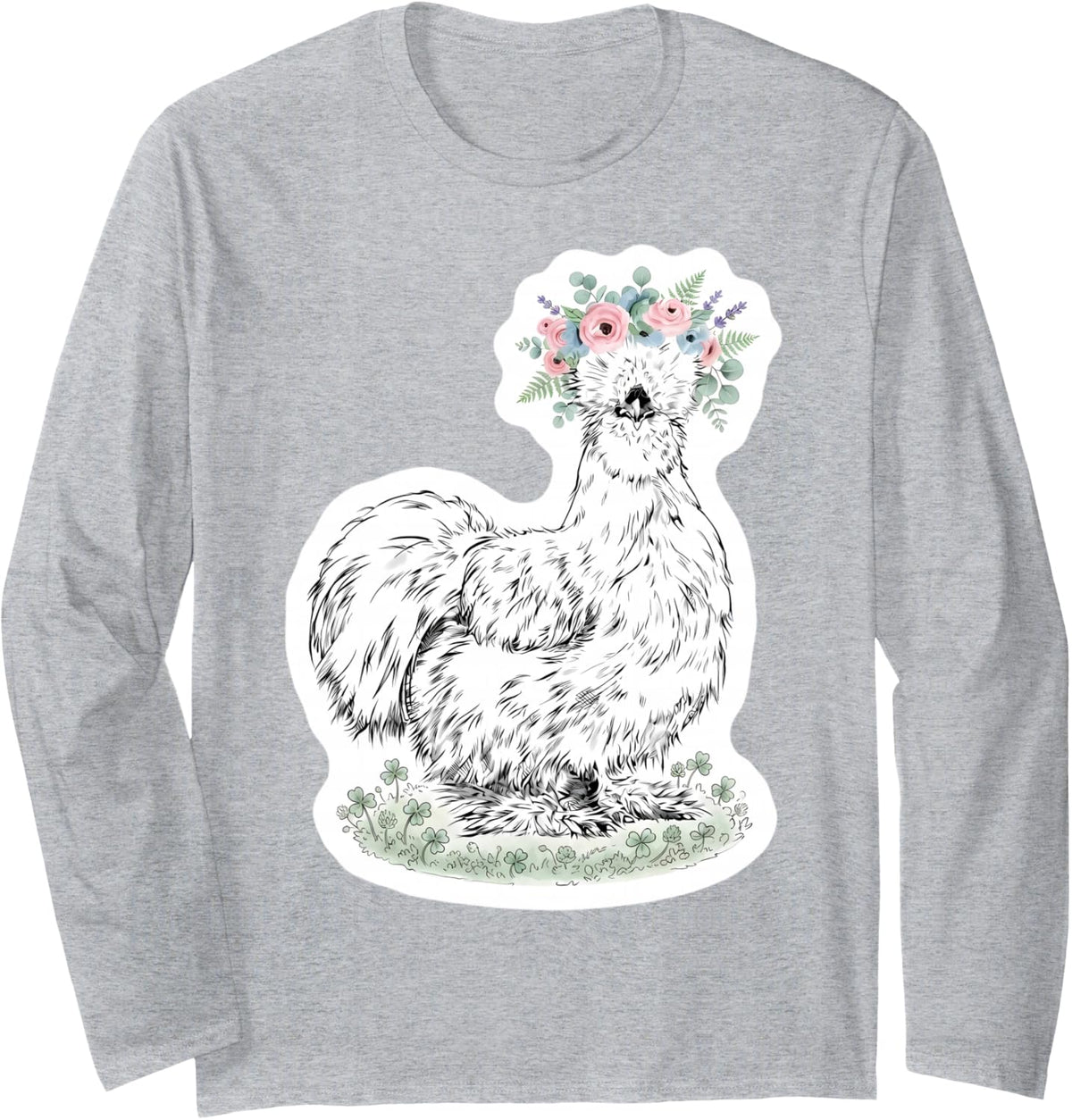 Silkie Chicken with Floral Headband Farm Animal Owner Cute Long Sleeve T-Shirt - Adult Unisex Heather Grey
