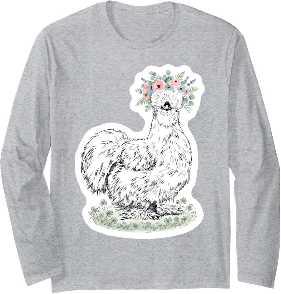 Silkie Chicken with Floral Headband Farm Animal Owner Cute Long Sleeve T-Shirt - Adult Unisex Heather Grey