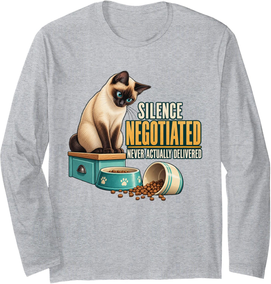 Silence Negotiated Never Actually Delivered Cat Lover Humor Long Sleeve T-Shirt - Adult Unisex Heather Grey