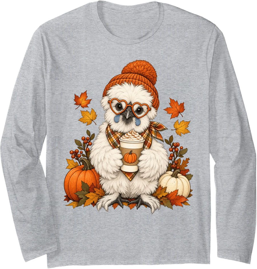 Silkie Chicken Fall Autumn Season Pumpkin Spice Farm Animal Long Sleeve T-Shirt - Adult Unisex Heather Grey