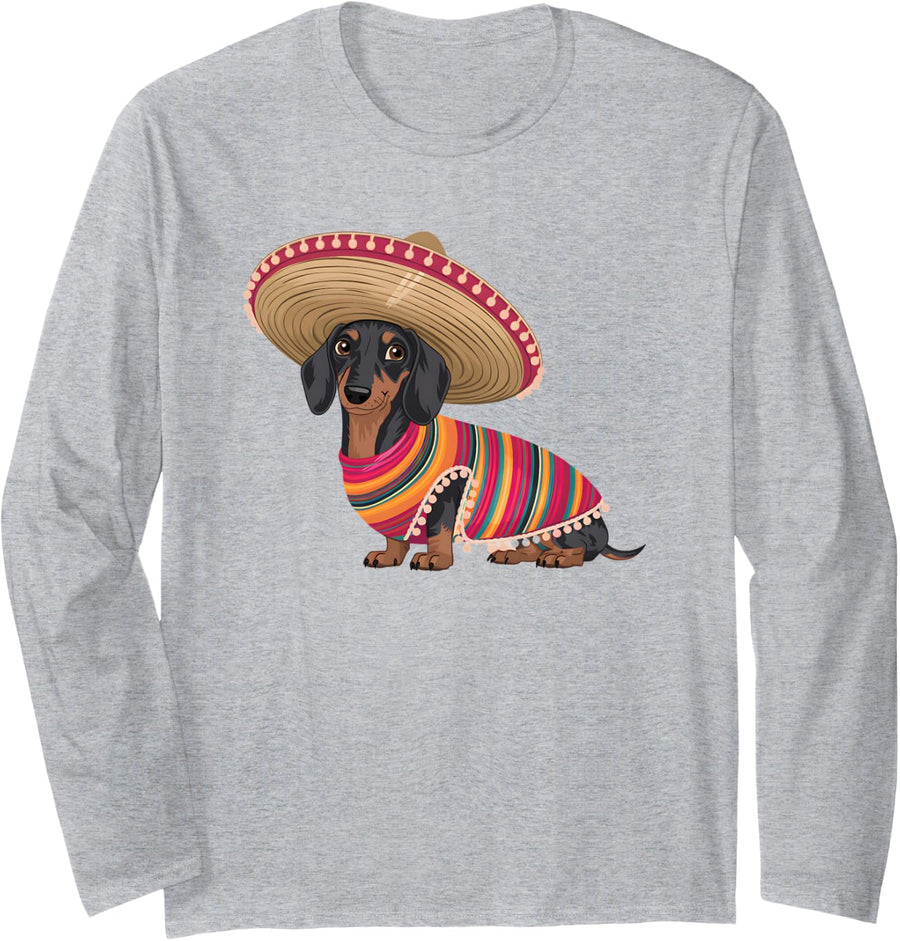 Funny Cinco De Mayo for Dog Lover Funny Mexican Hat Dog Long Sleeve T-Shirt - Adult Unisex Heather Grey