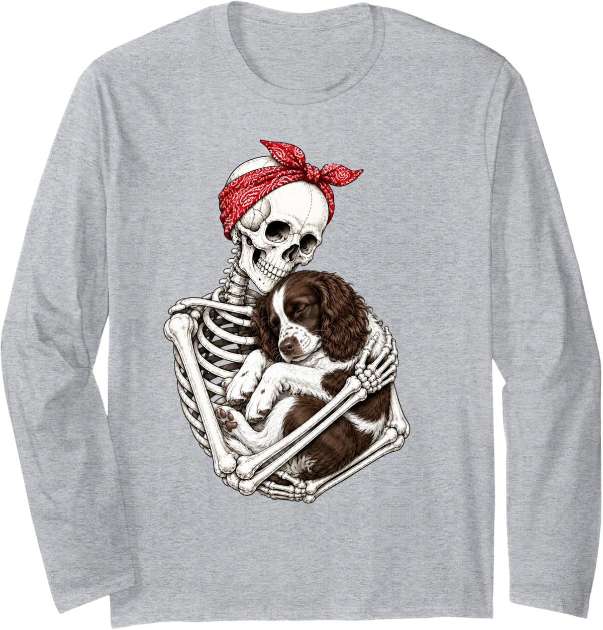 Skeleton Holding English Springer Spaniel Dog Funny Lazy Long Sleeve T-Shirt - Adult Unisex Heather Grey