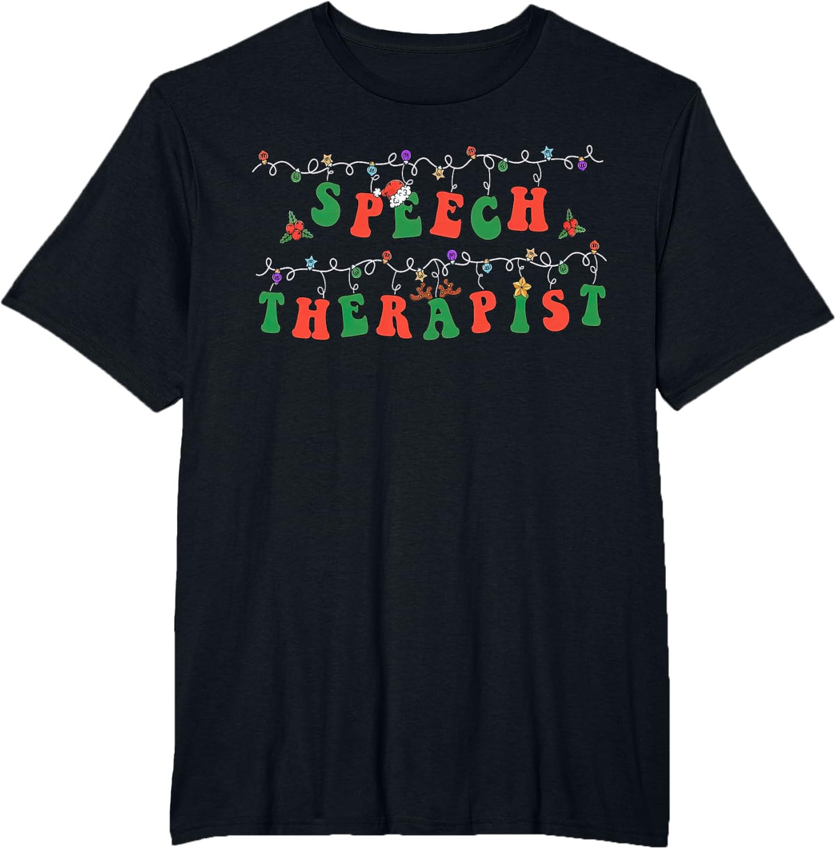 SLP Speech Therapist Santa Hat Christmas Lights Xmas Pajama T-Shirt - Black