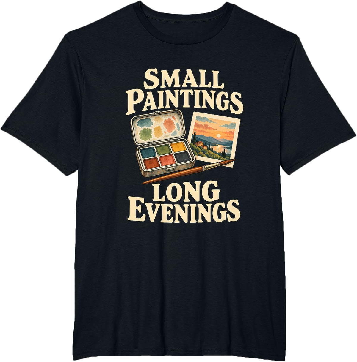 Small Paintings Long Evenings Mini Watercolor Artist T-Shirt - Black