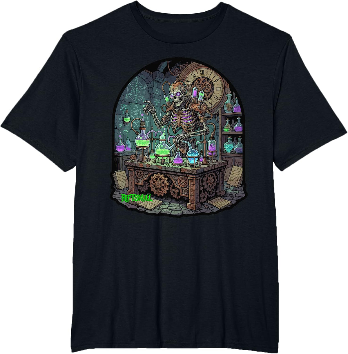 Skeleton Steampunk Alchemist Heavy Metal Rock Dark Fantasy T-Shirt - Black
