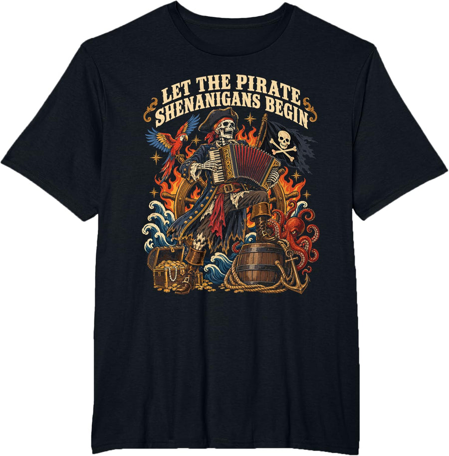 Skeleton Pirate Accordion Shanty - Piratecore T-Shirt - Black