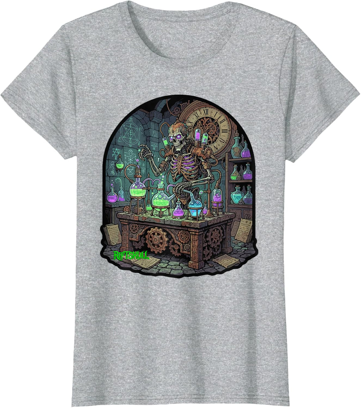 Skeleton Steampunk Alchemist Heavy Metal Rock Dark Fantasy T-Shirt - Heather Grey