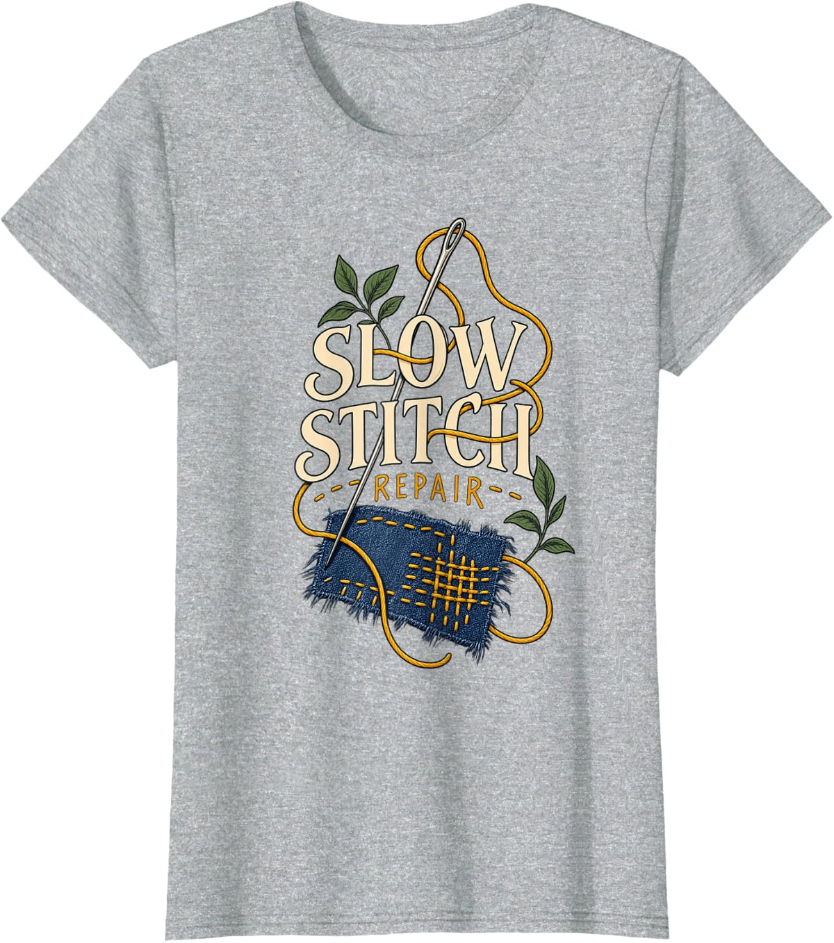 Slow Stitch Repair Visible Mending Sewing T-Shirt - Heather Grey