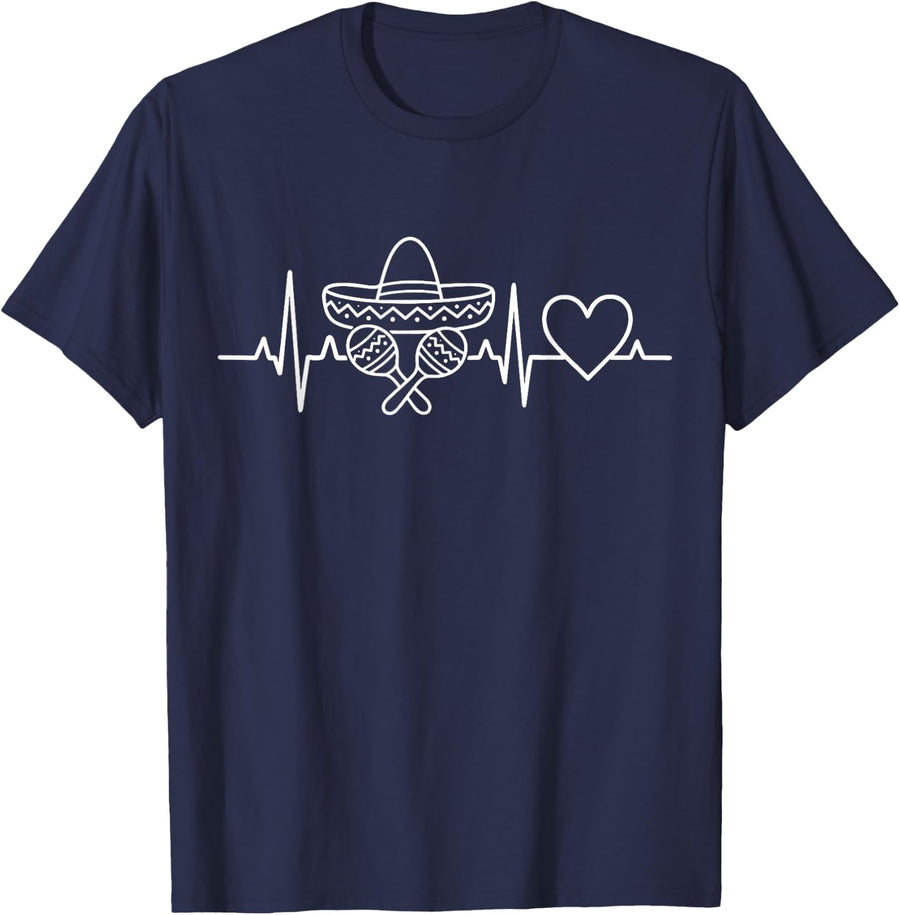 Sombrero Maracas Heartbeat Mexican Fiesta Cinco De Mayo T-Shirt - Navy Blue