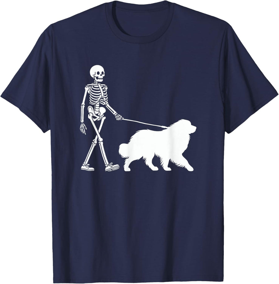 Skeleton Walking a Dog Great Pyrenees Halloween Outfit T-Shirt - Navy Blue