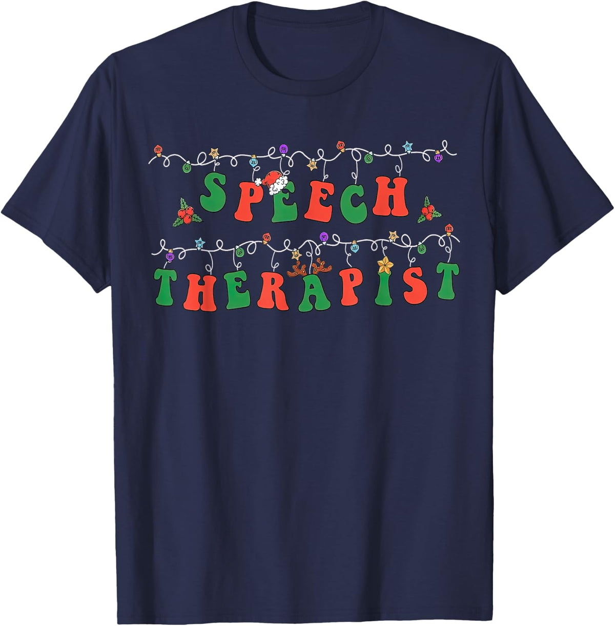 SLP Speech Therapist Santa Hat Christmas Lights Xmas Pajama T-Shirt - Navy Blue
