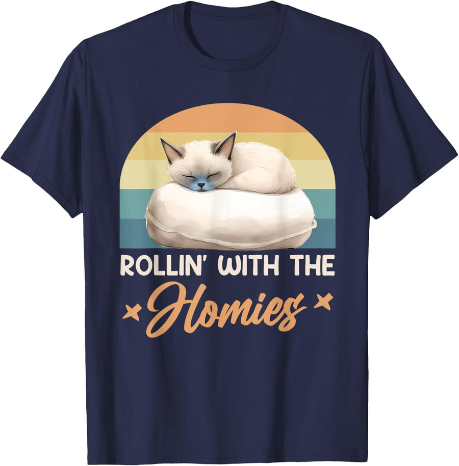 Siamese Cats ROLLIN' WITH THE HOMIES Funny Vintage T-Shirt - Navy Blue