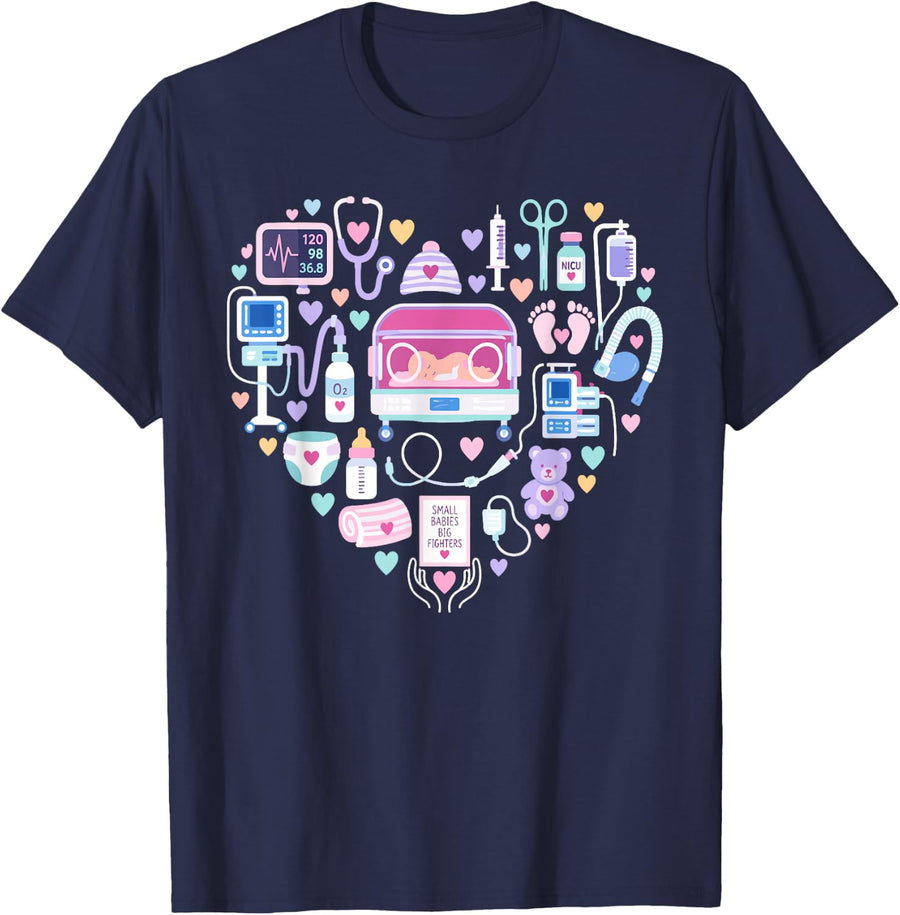 Small Babies Big Fighters Nicu Nurse T-Shirt - Navy Blue