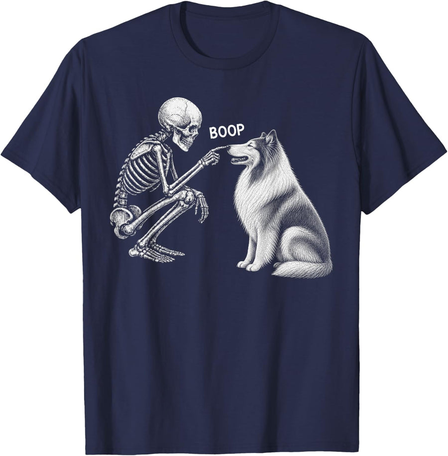 Skeleton Boop Rough Collie Dog Nose Vintage Halloween T-Shirt - Navy Blue