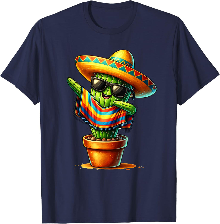 Funny Dabbing Cactus Sombrero Poncho Fiesta Tee Kids Boys T-Shirt - Navy Blue