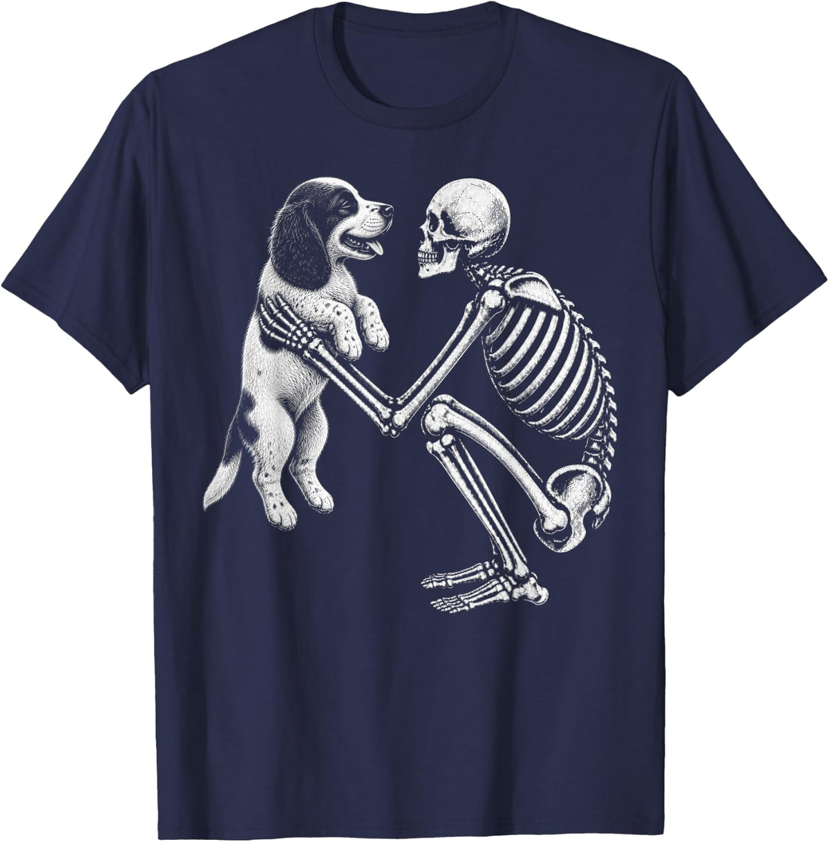 Skeleton Holding English Springer Spaniel Retro Halloween T-Shirt - Navy Blue