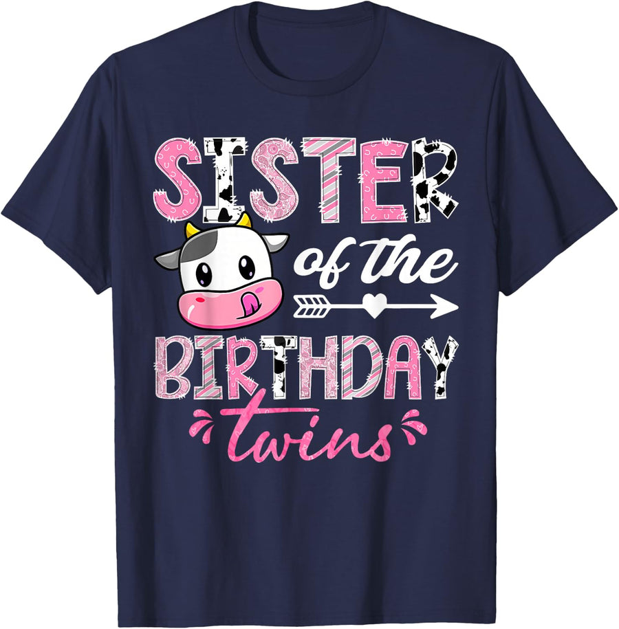 Sister of The Birthday Twins Farm Cow 1st Birthday Party T-Shirt - Navy Blue