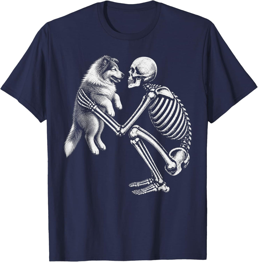 Skeleton Holding Rough Collie Retro Halloween Dog T-Shirt - Navy Blue