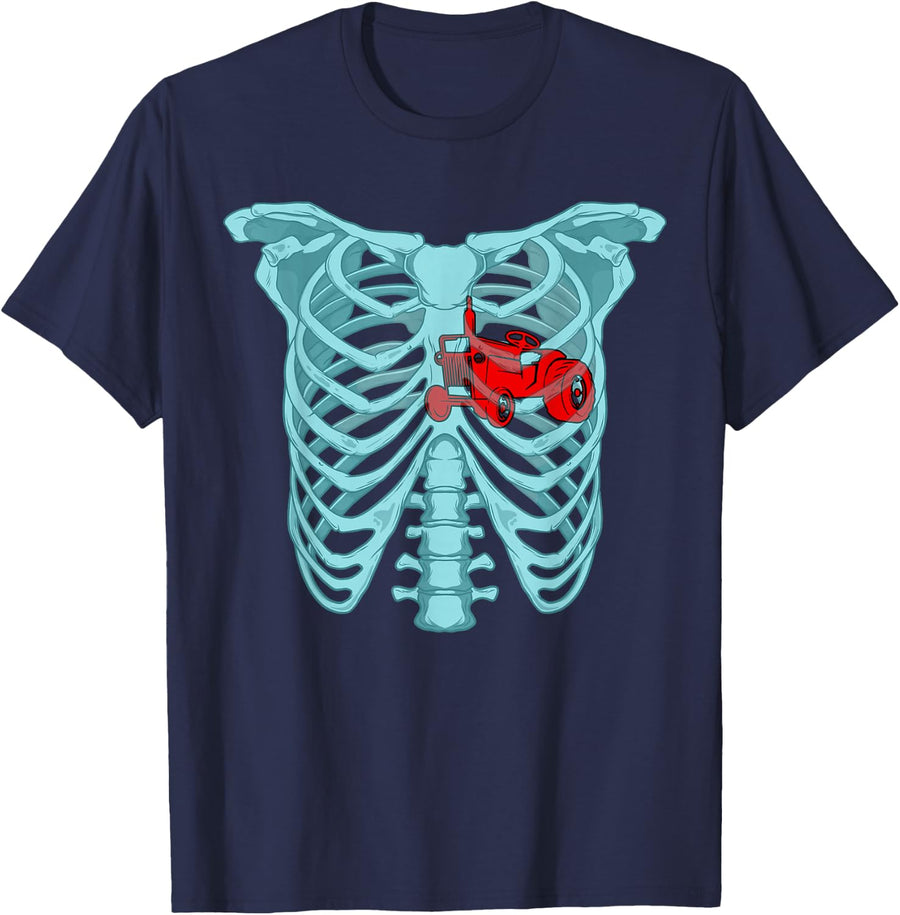 Skeleton rib cage tractor lover farmer funny Halloween T-Shirt - Navy Blue