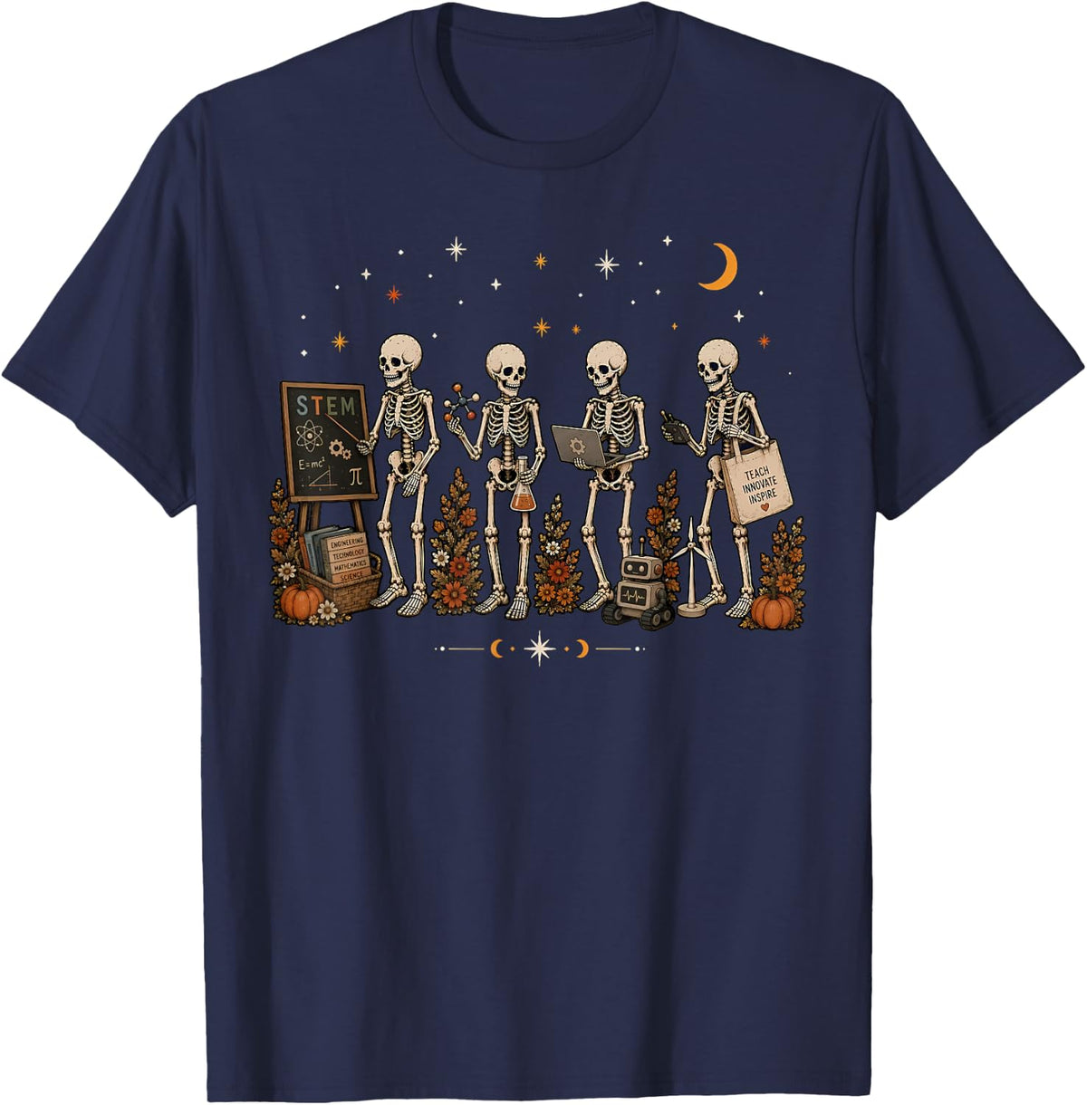 Skeleton STEM Teacher Halloween Science Technology Math T-Shirt - Navy Blue