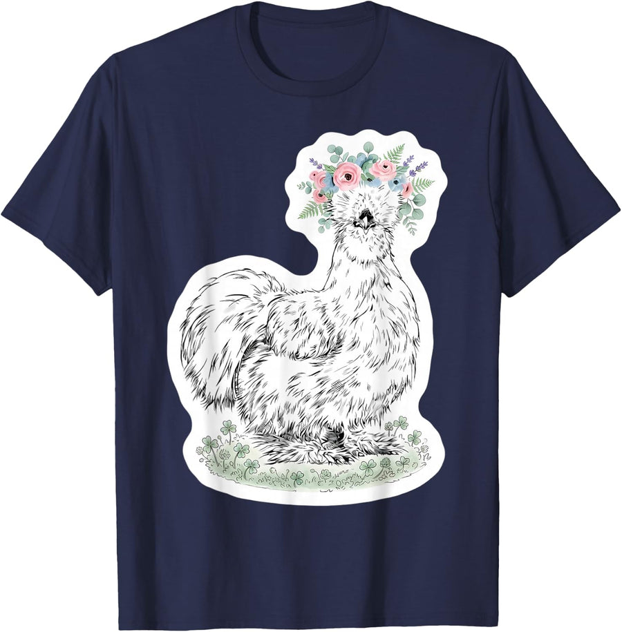 Silkie Chicken with Floral Headband Farm Animal Owner Cute T-Shirt - Navy Blue