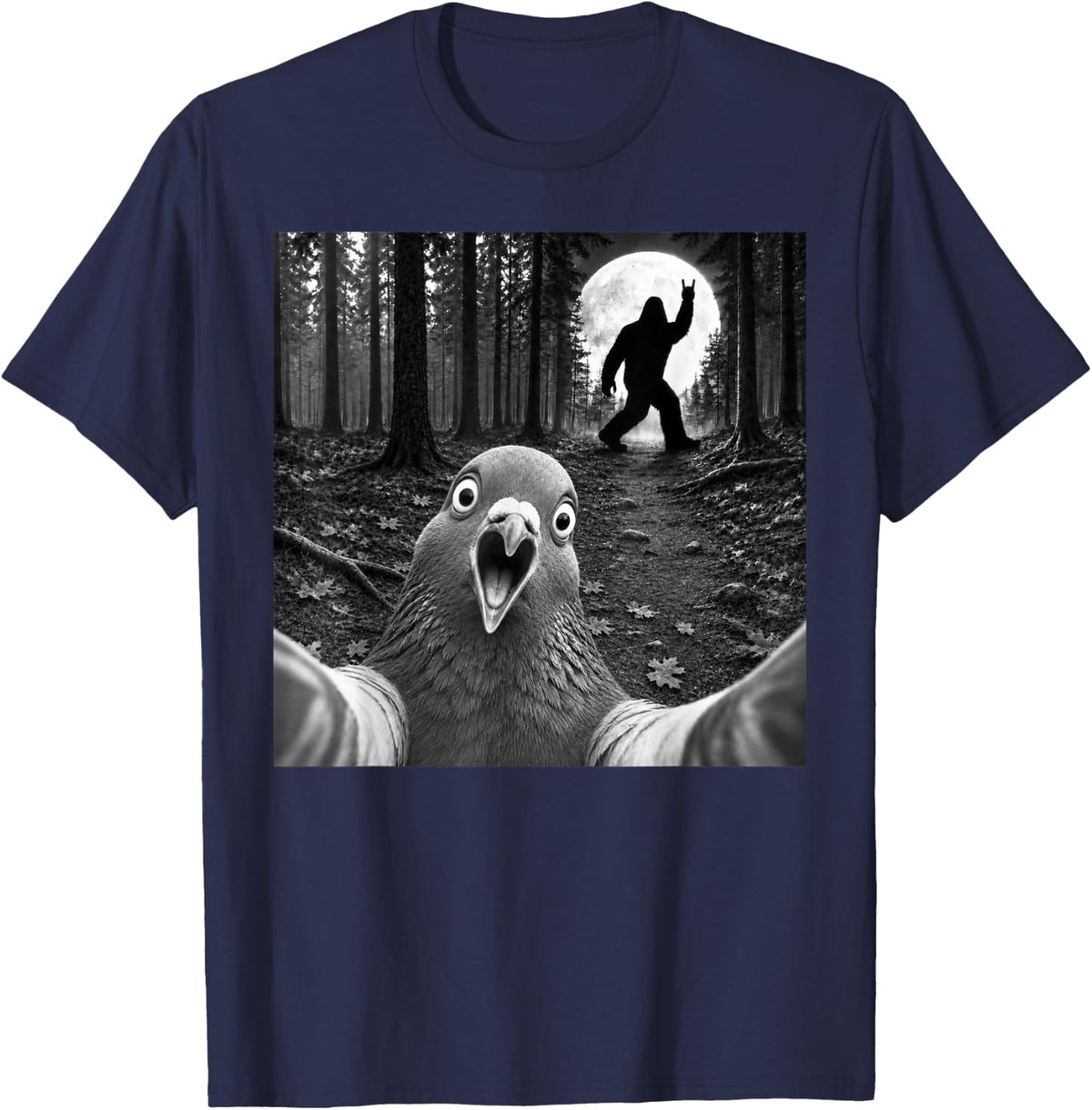 Silkie Chicken Selfie with Bigfoot Rock and Roll Sasquatch T-Shirt - Navy Blue