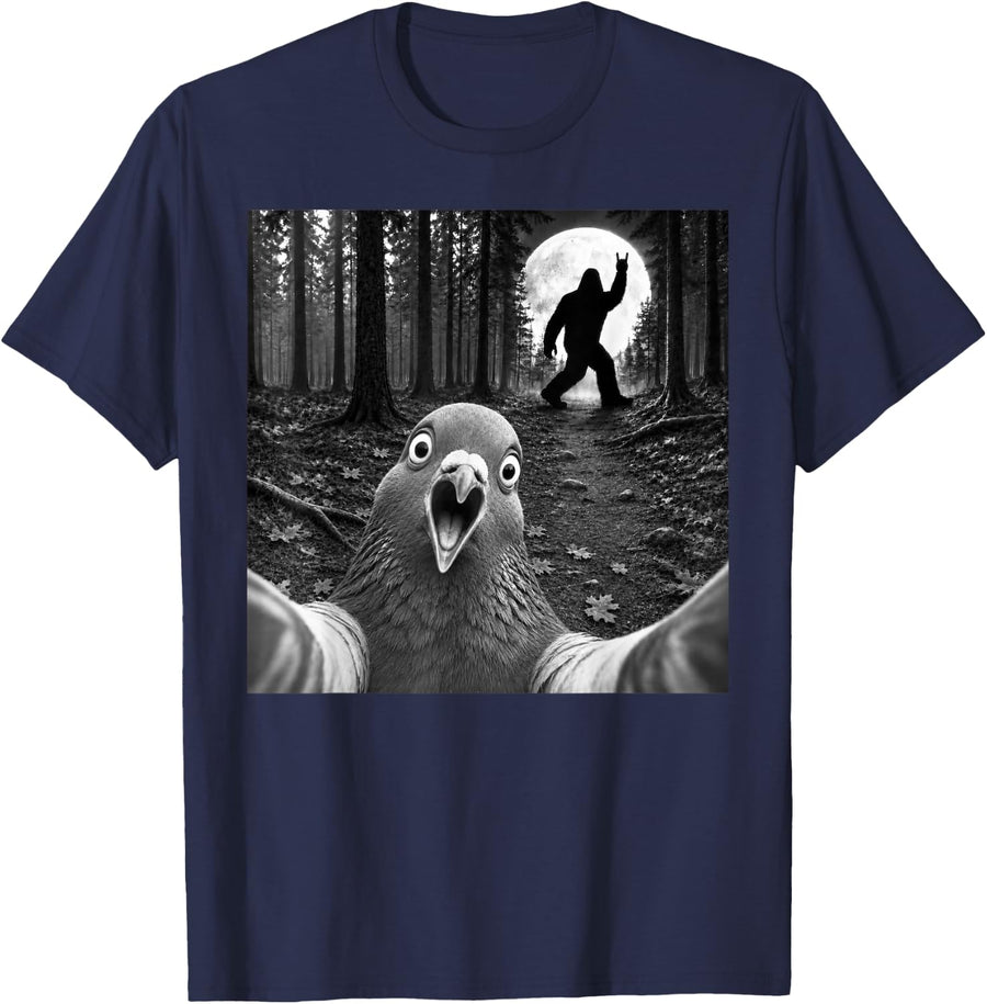 Silkie Chicken Selfie with Bigfoot Rock and Roll Sasquatch T-Shirt - Navy Blue