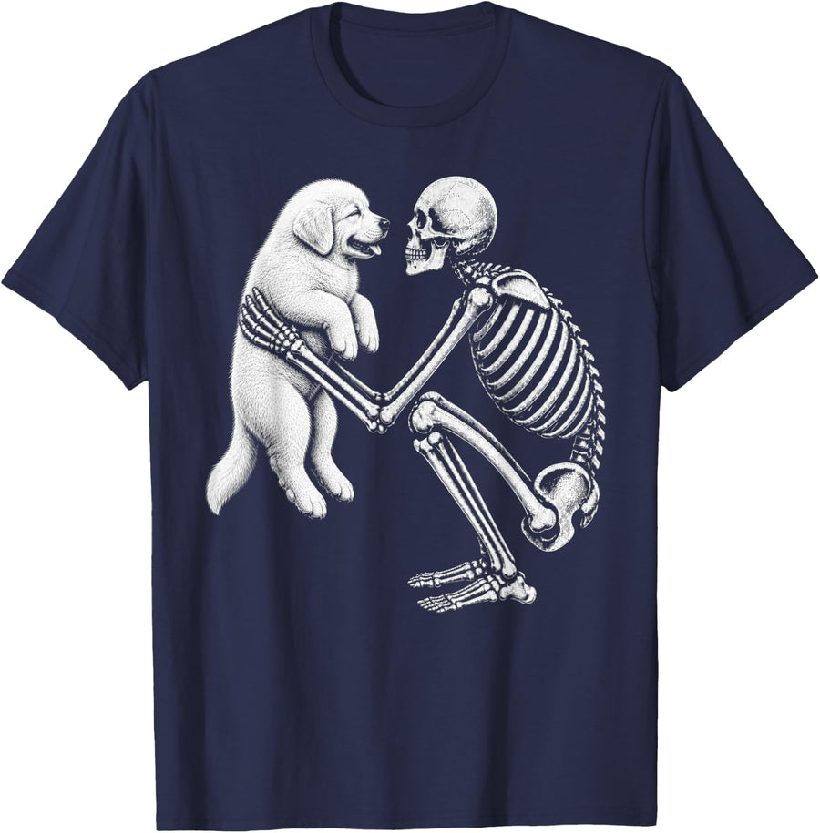 Skeleton Holding Great Pyrenees Retro Halloween Dog T-Shirt - Navy Blue
