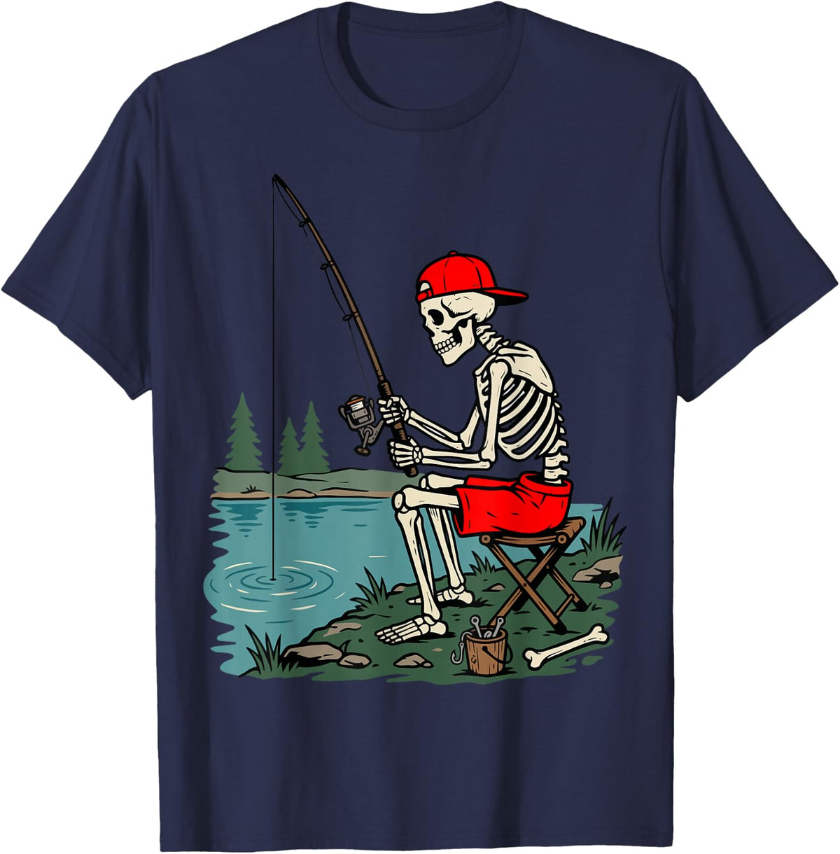 Skeleton Fishing Spooky Angler Halloween T-Shirt - Navy Blue