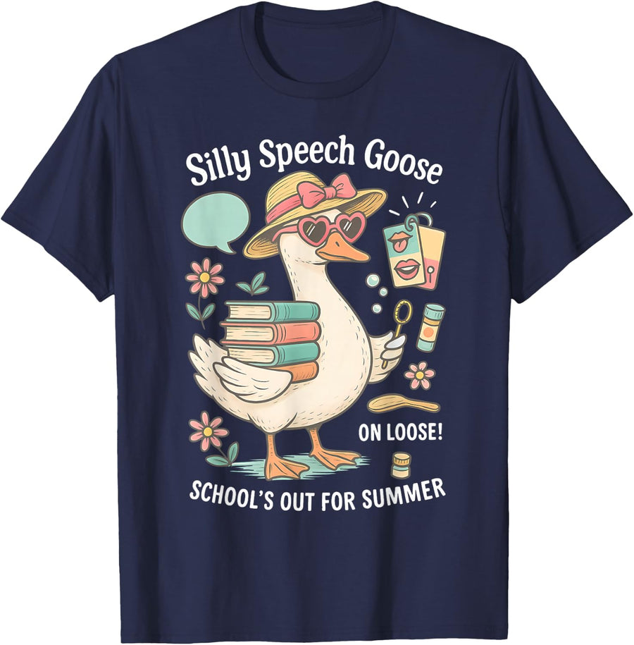 Silly Speech Goose On The Loose SLP School's Out for Summer T-Shirt - Navy Blue