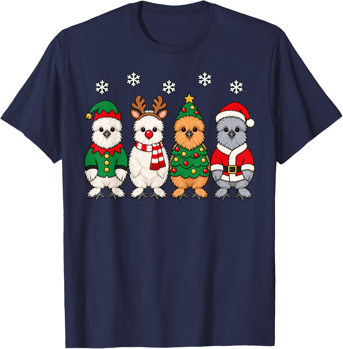 Silkie Chicken Christmas Reindeer Santa Farm Animal T-Shirt - Navy Blue