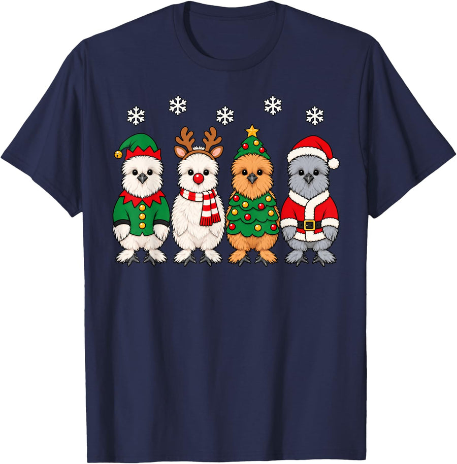 Silkie Chicken Christmas Reindeer Santa Farm Animal T-Shirt - Navy Blue