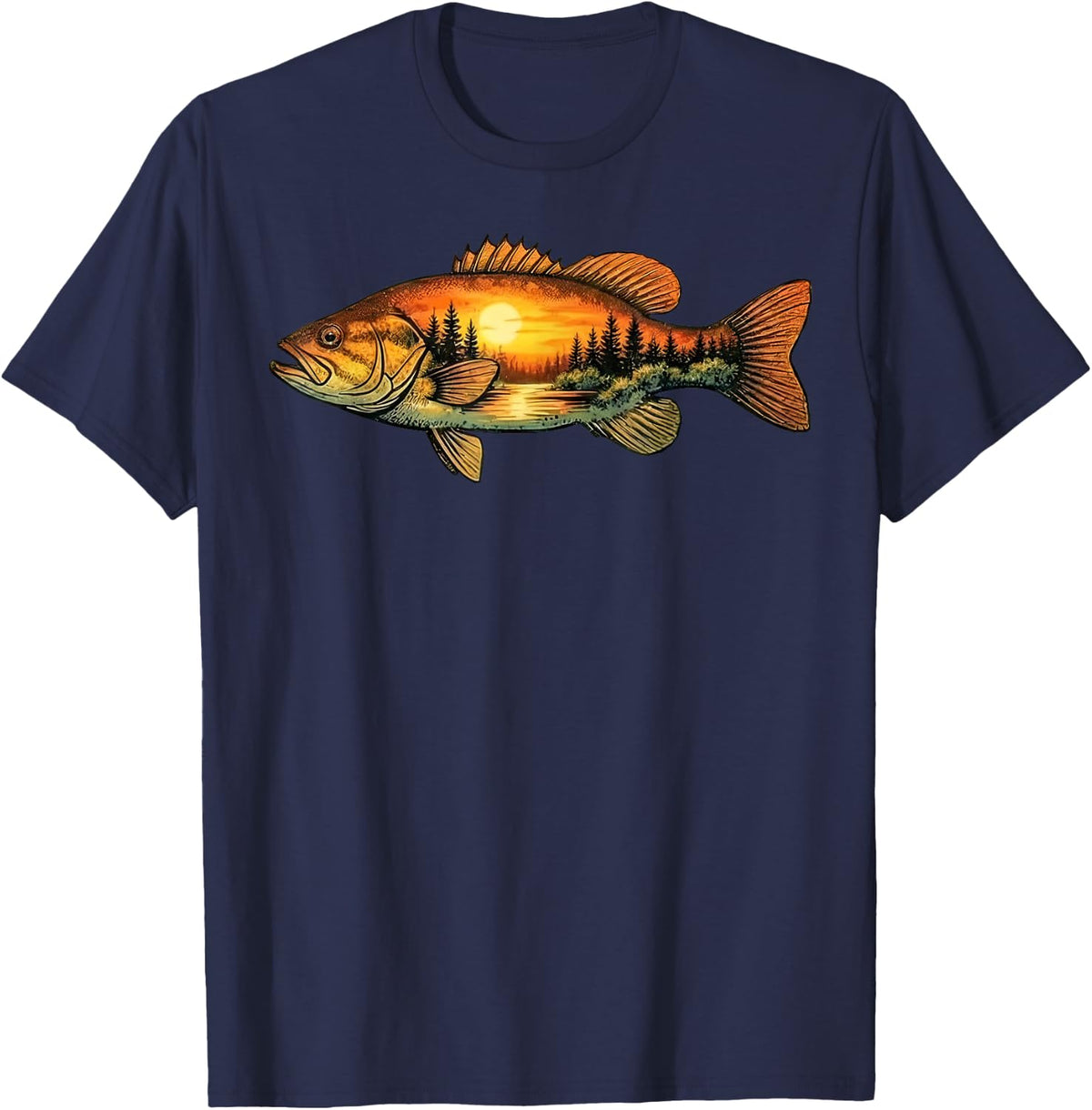 Smallmouth bass Fishing Sunset Nature Landscape T-Shirt - Navy Blue