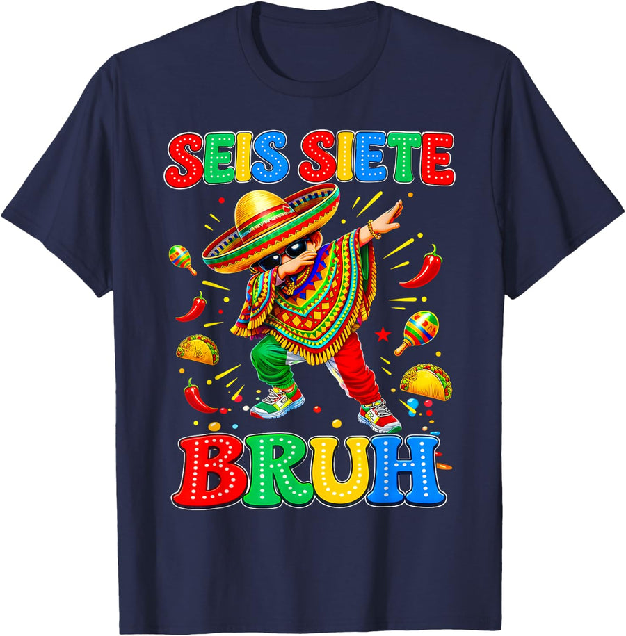 Six Seven Bruh SEIS Siete Cinco De Mayo Mexican Boy Gift Kid T-Shirt - Navy Blue