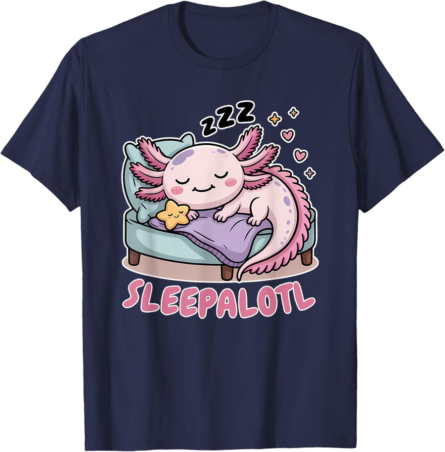 Sleepalotl, Cute Axolotl Sleeping T-Shirt - Navy Blue