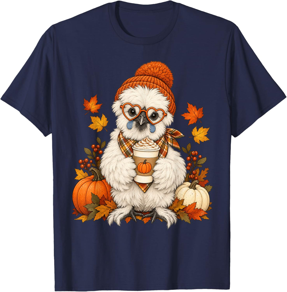 Silkie Chicken Fall Autumn Season Pumpkin Spice Farm Animal T-Shirt - Navy Blue