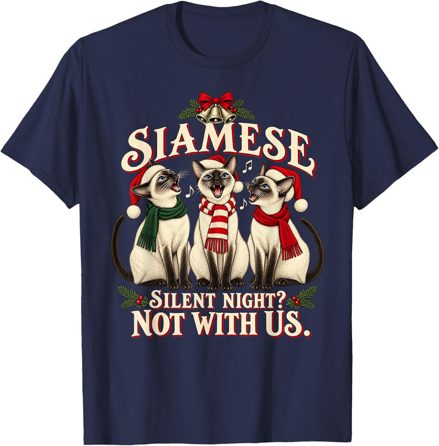 Siamese Christmas Funny Silent Night Chorus T-Shirt - Navy Blue