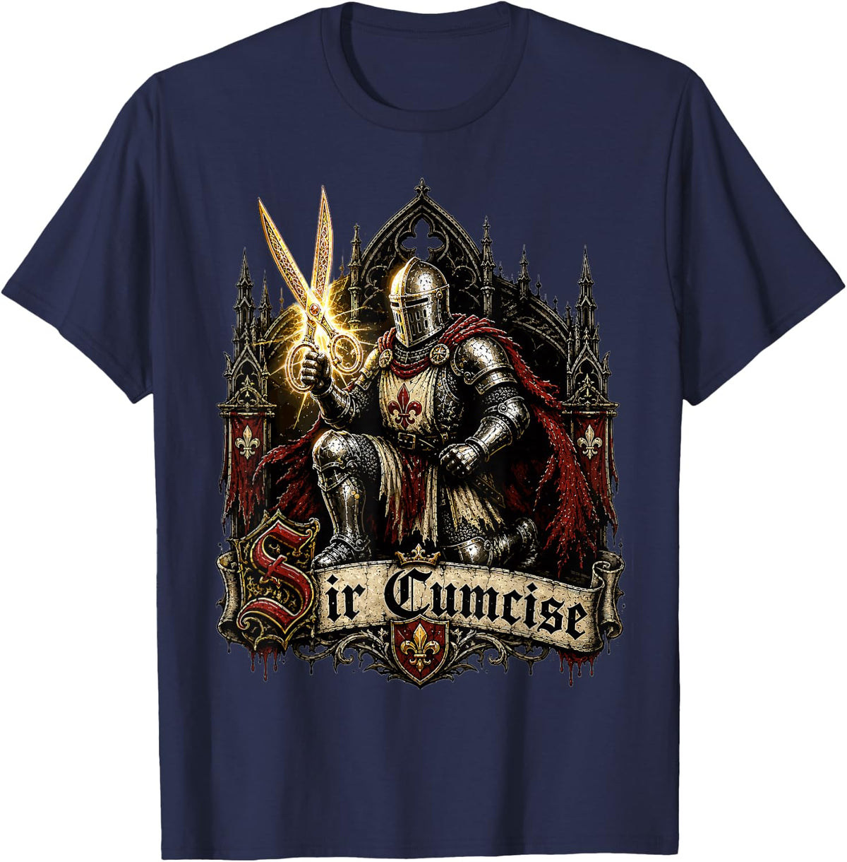 Sir Cumcise Medieval Knight Scissors Funny Gothic Humor T-Shirt - Navy Blue