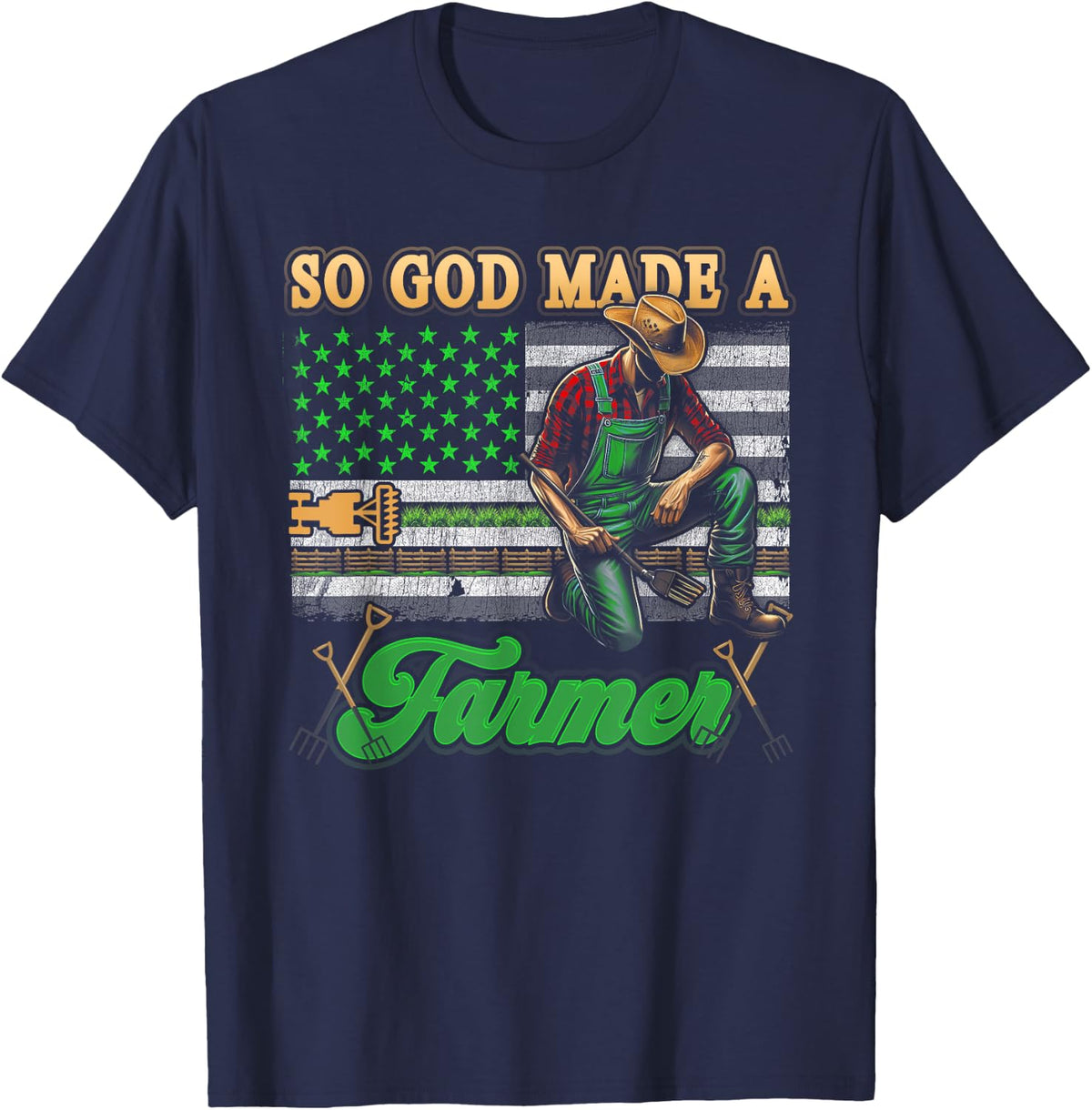 So God Made-A Farmer Farming Farmer American USA Flag T-Shirt - Navy Blue