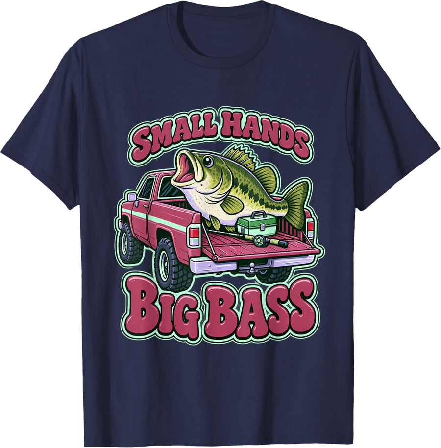 Small Hands Big Bass Kids Art T-Shirt - Navy Blue