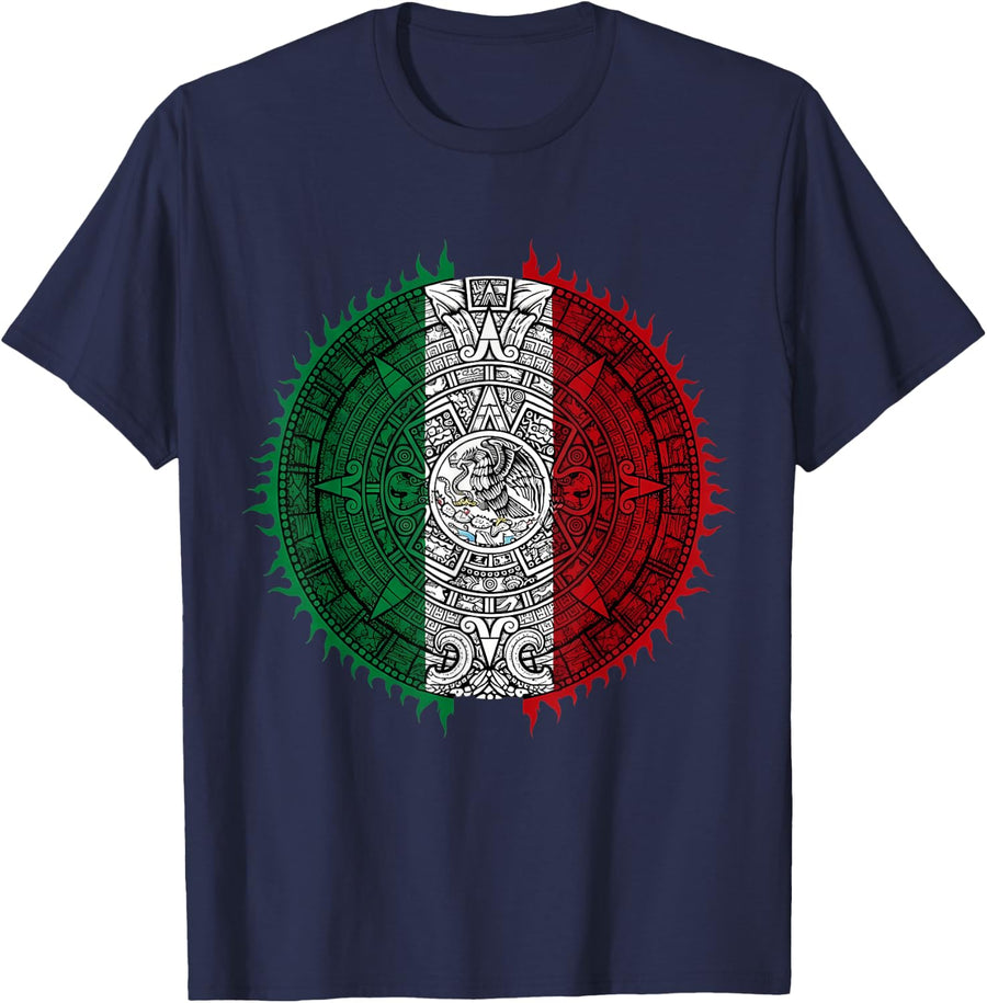 Mexico Flag Aztec Ancient Mayan Calendar Mexican Sun Stone Tees T Shirts - Navy Blue