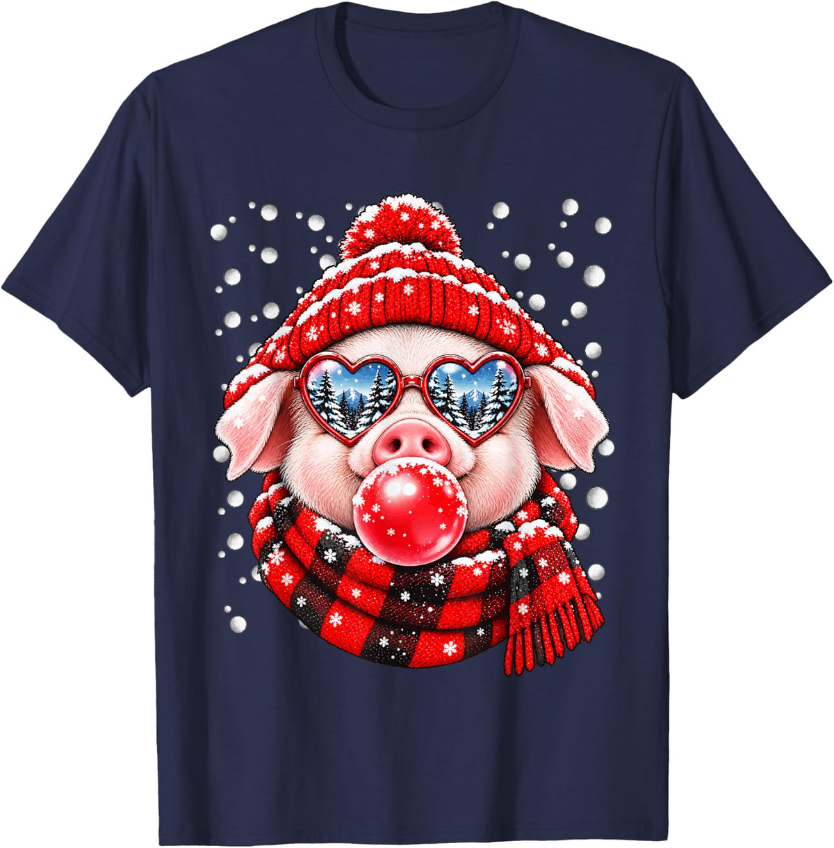Snowy Pig with Bubblegum and Hearts Glasses Winter Aniaml T-Shirt - Navy Blue