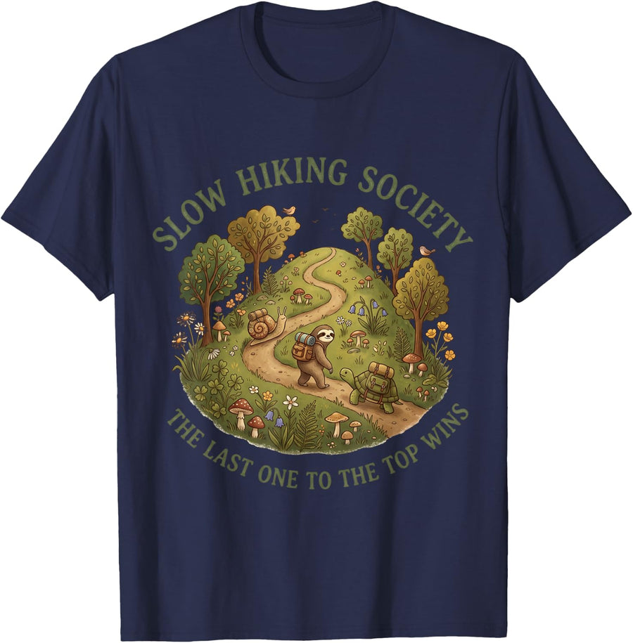 Slow Hiking Society The Last One to The Top Wins Funny Sloth T-Shirt - Navy Blue