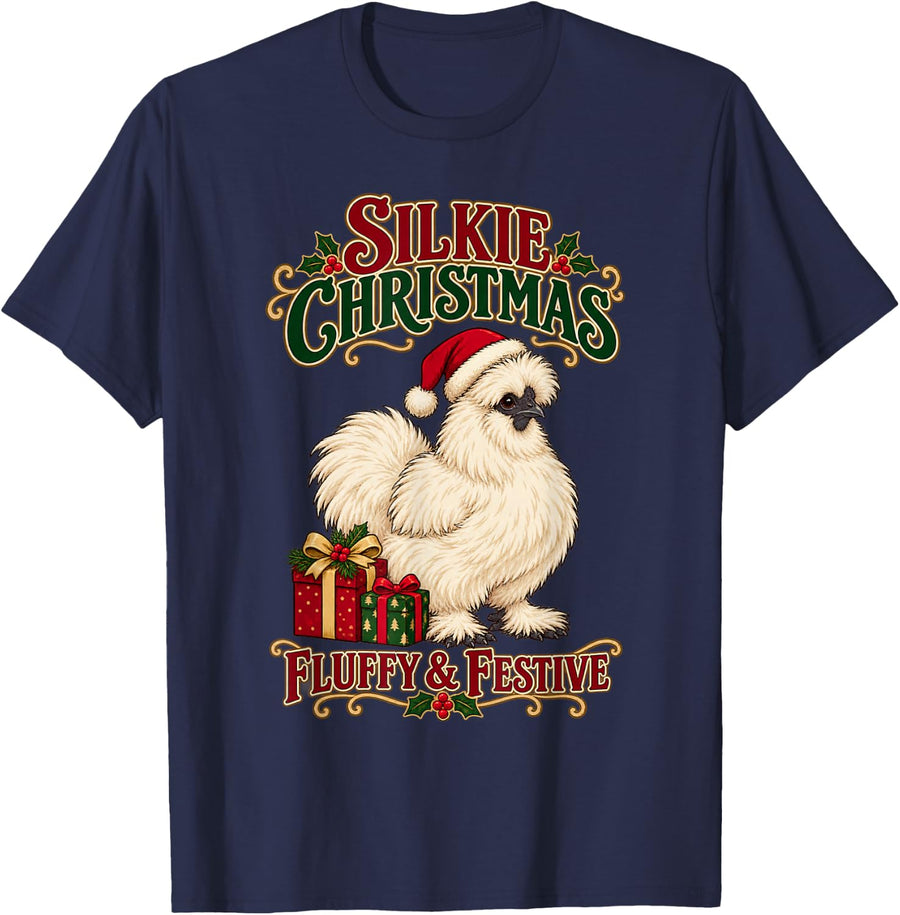Silkie Christmas Fluffy Festive Chicken Lover Xmas Farm T-Shirt - Navy Blue