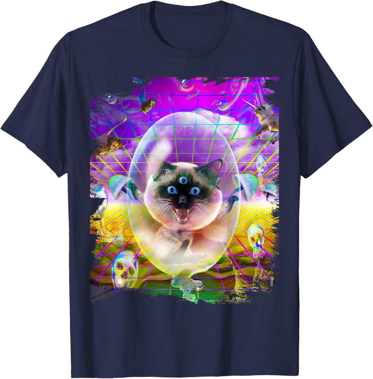Siamese Cats Kitty Rave Trippy Psychedelic Funny T-Shirt for Men Women - Navy Blue