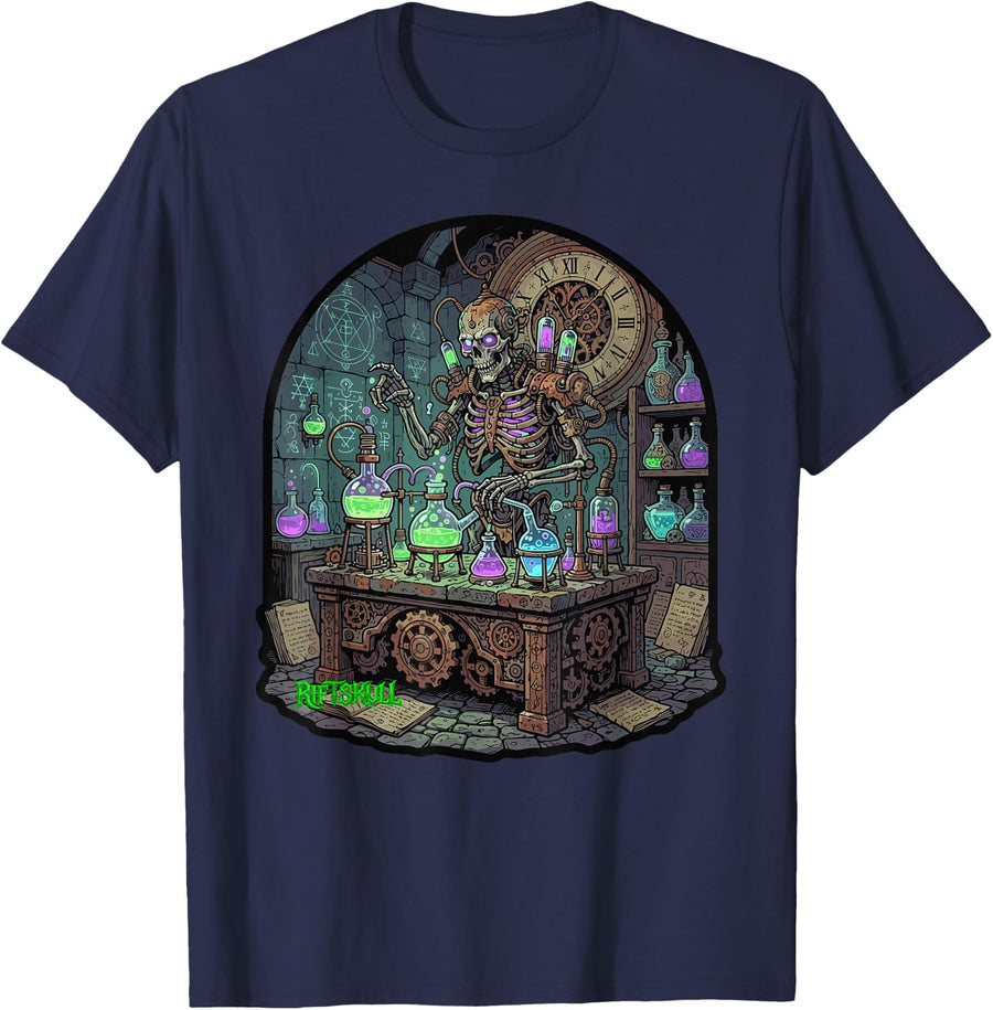 Skeleton Steampunk Alchemist Heavy Metal Rock Dark Fantasy T-Shirt - Navy Blue