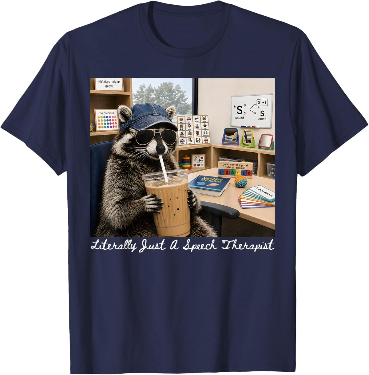 SLP Raccoon Literally Just A Speech Therapist SPED School T-Shirt - Navy Blue