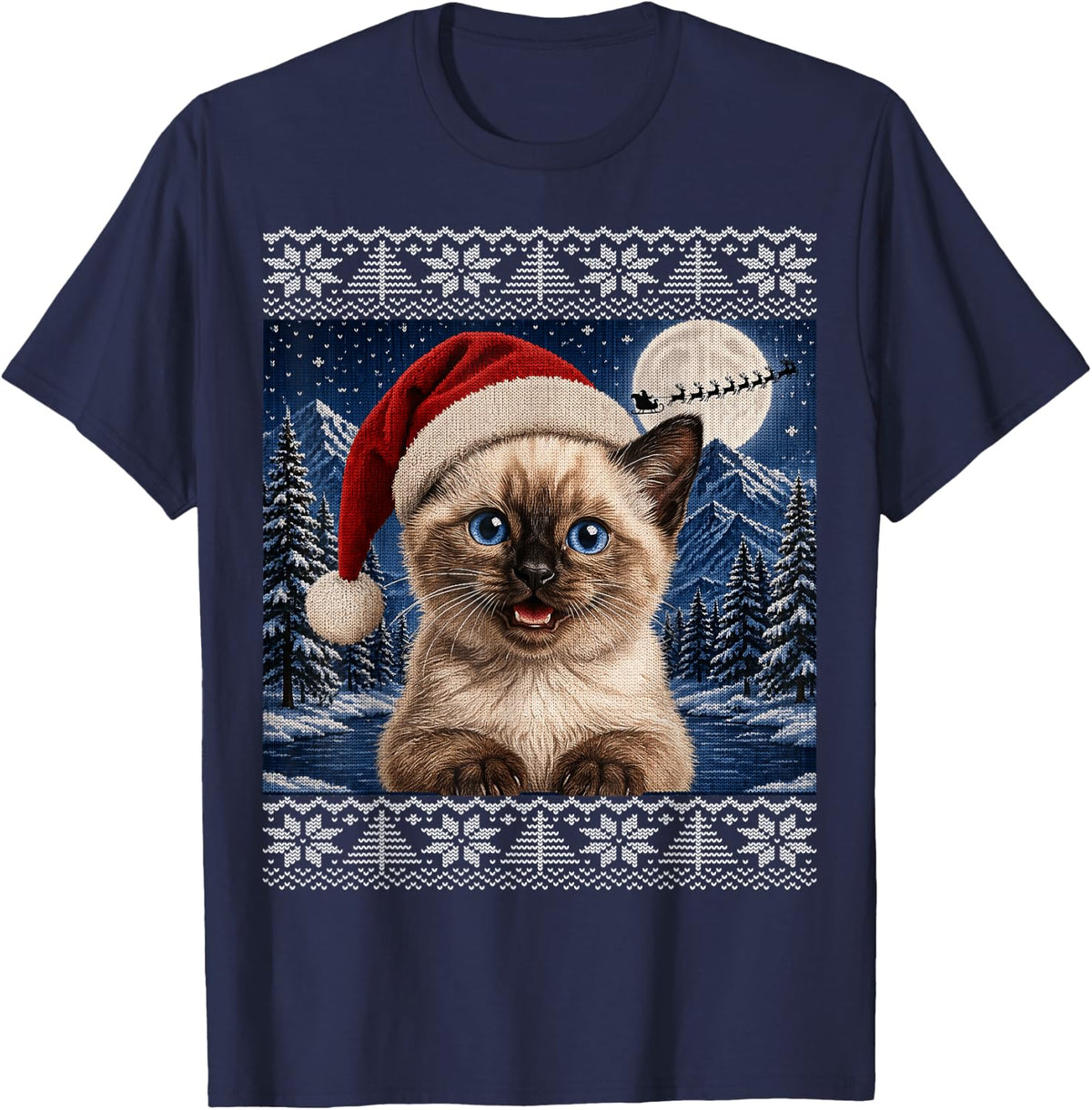 Siamese Kitty Cat Kitten Santa Ugly Christmas T-Shirt - Navy Blue