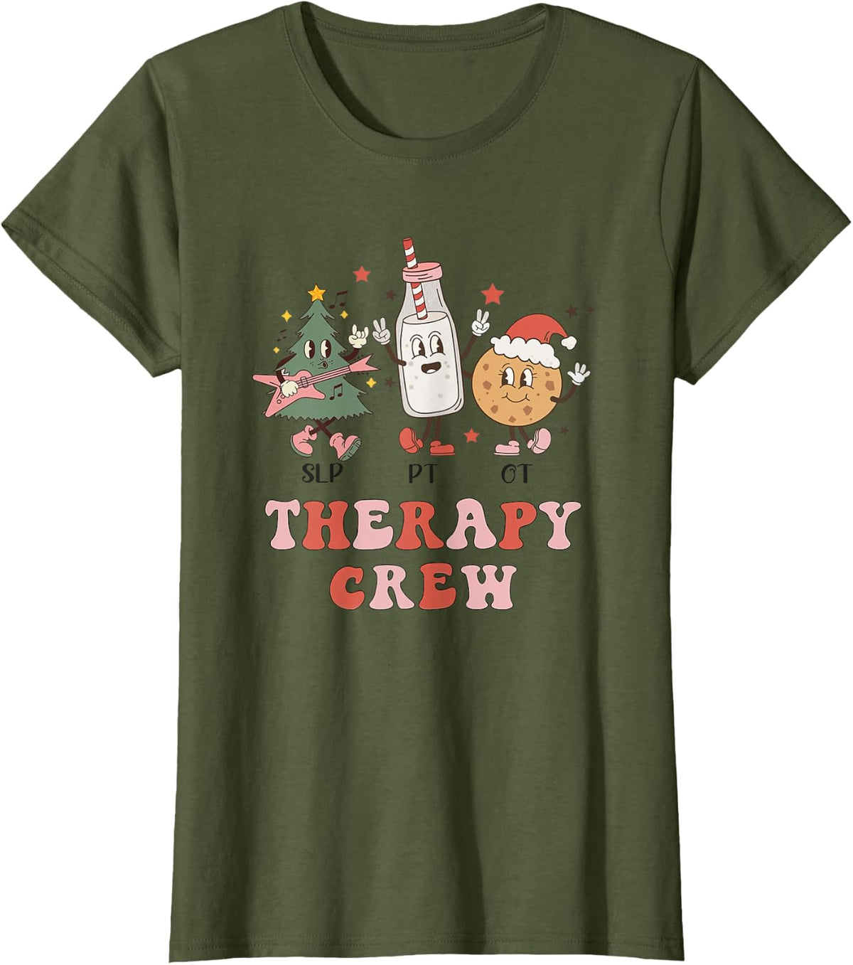 SLP OT PT Therapy Crew Christmas Tree Cookies and Milk T-Shirt - Olive Green